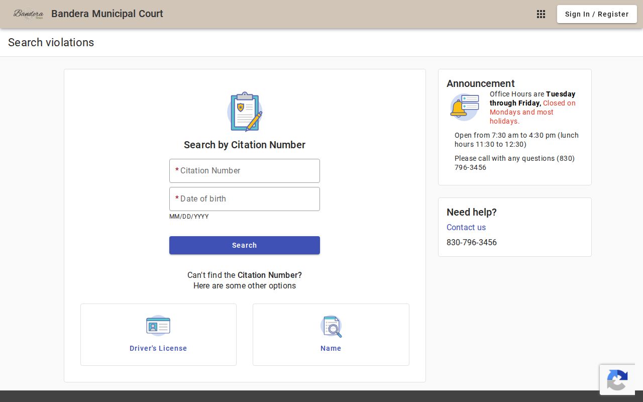 Bandera Municipal Court citation search form