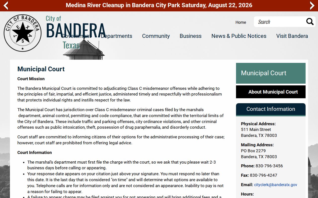 City of Bandera Municipal Court procedures and contact page