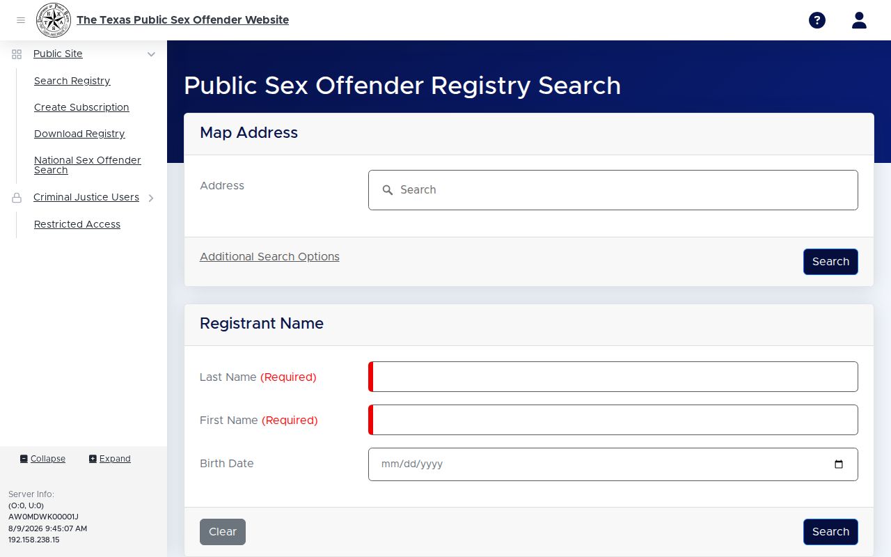 Texas DPS sex offender registry search interface for Bandera County