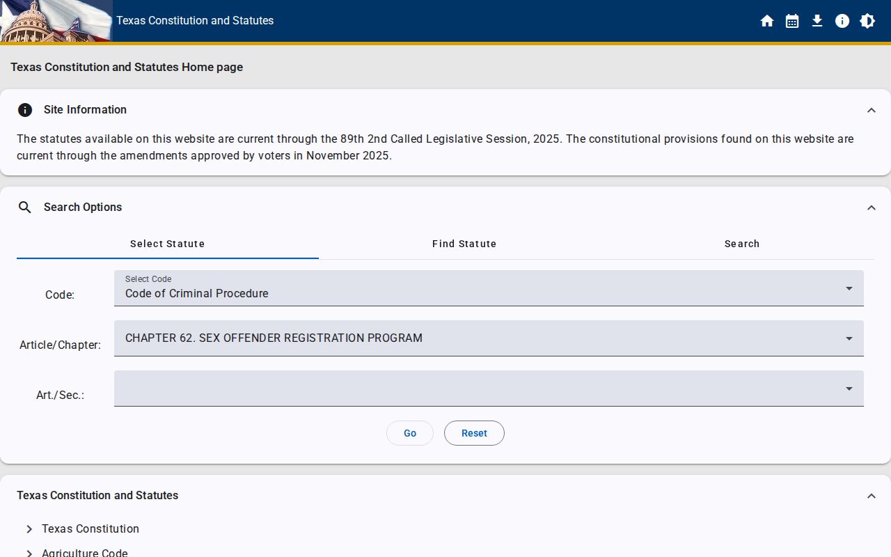 Texas Code of Criminal Procedure Chapter 62 registration law